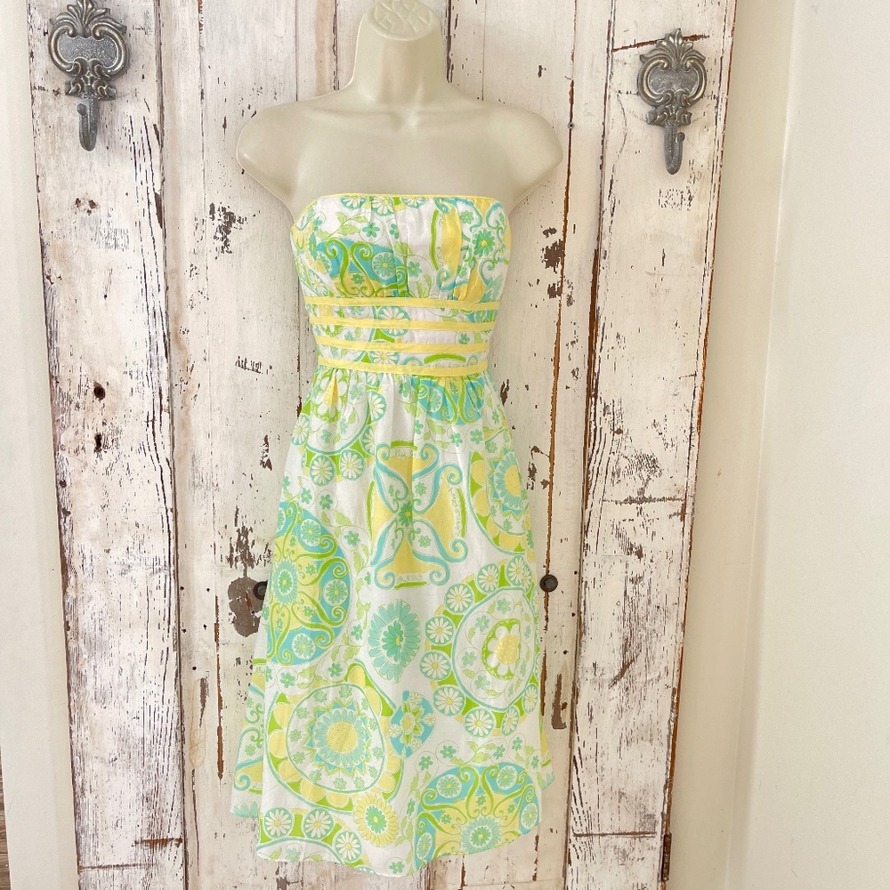 Lilly Pulitzer Fountain Of Youth Katrina Silk Dress Sz 2 Retro Yellow Green Blue
